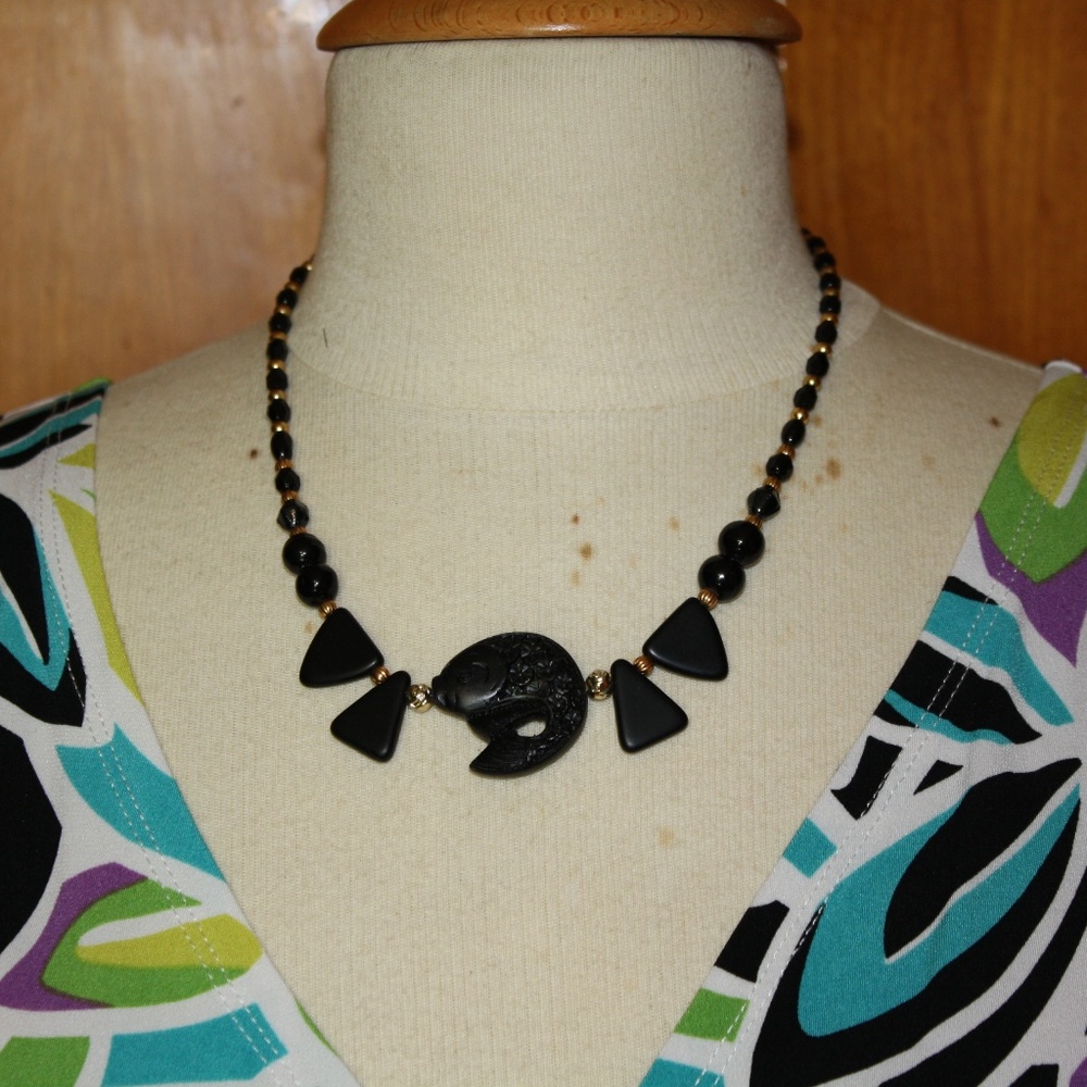 SOLD -Black Fish Stone & Glass Necklace
